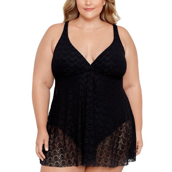 NWT Swim Solutions Tummy Control Scallop Swimdress One Piece Swimsuit Black 16W - Picture 1 of 7